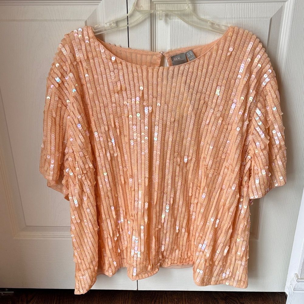 ASOS Sequin sparkle holiday festive party Peach short sleeve top women’s 26 NWT